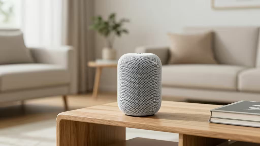 A white HomePod mini sits on a light oak coffee table in a bright, minimalist living room with soft natural light and clean Scandinavian decor.