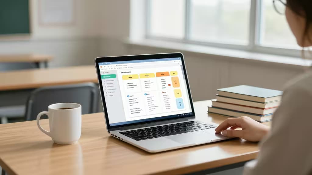 Teacher uses laptop with AI lesson planner, coffee and books nearby.