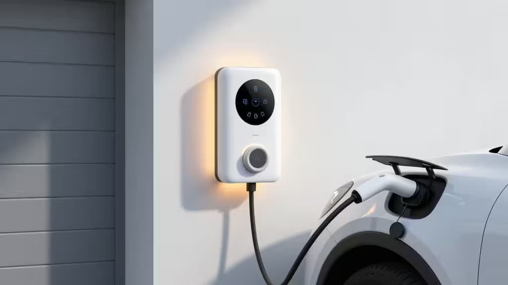 Borne de recharge intelligente blanche installée sur le mur d'un garage moderne, connectée à une voiture électrique blanche