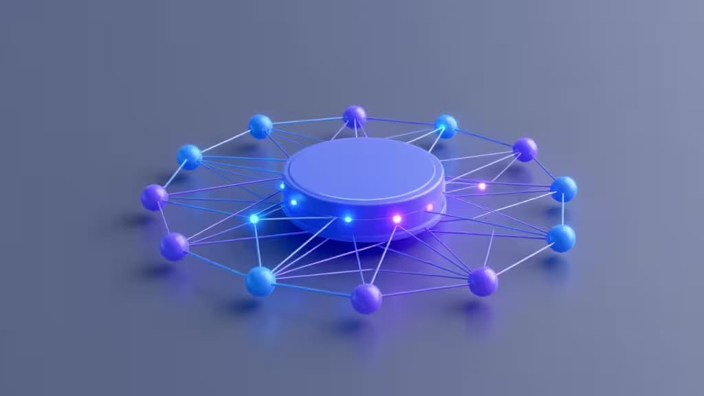 A glowing blue central hub connects to surrounding nodes via luminous lines, symbolizing API gateway integration.