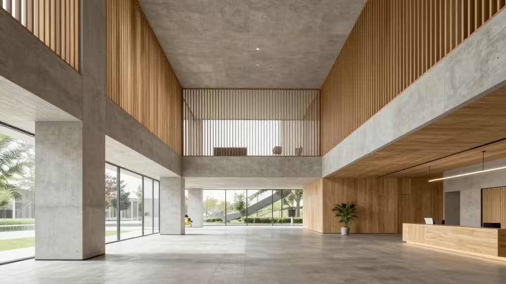 Concrete and wood define this modern atrium’s open, layered architectural composition.