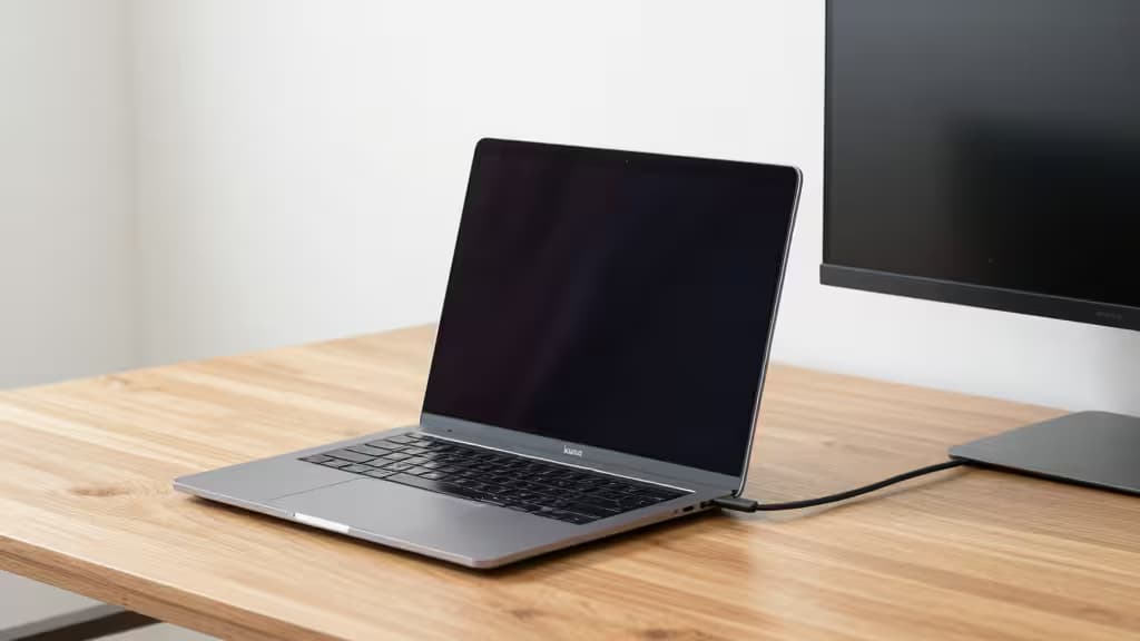 Silver MacBook Air on light wood desk, connected via USB-C to black monitor.
