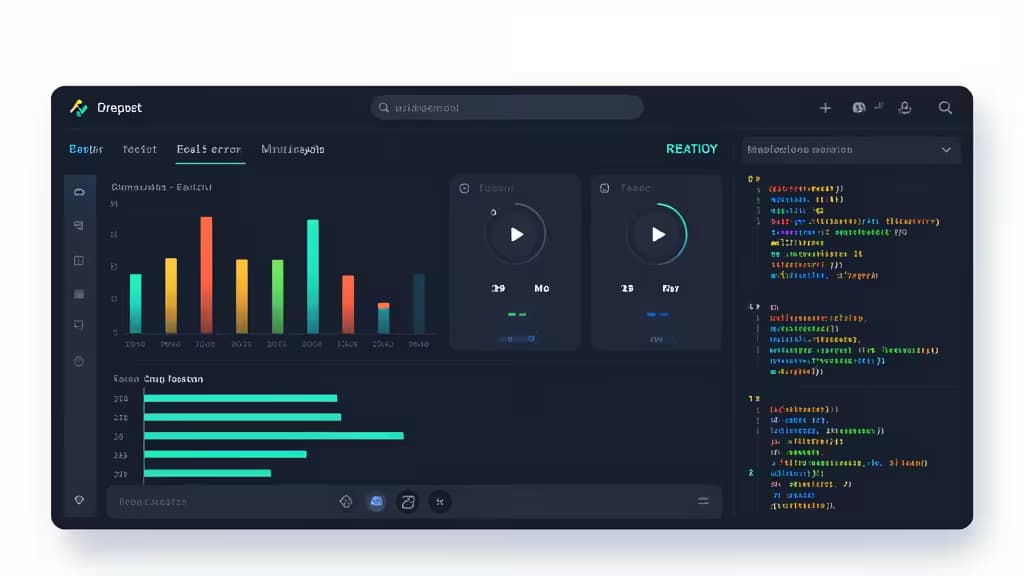 Dark-themed developer dashboard displays real-time error metrics, code snippets, and performance graphs for React apps.