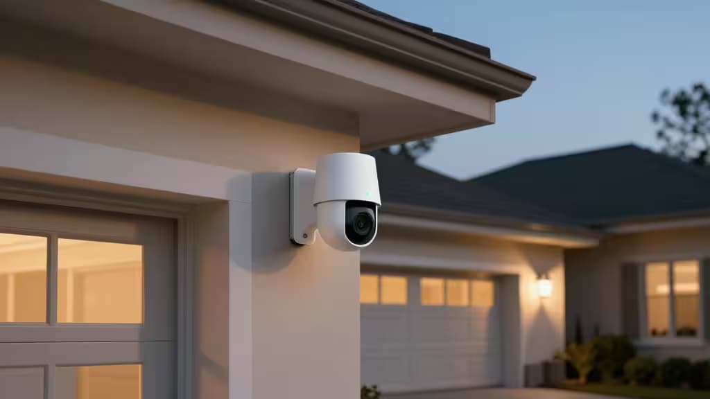 Câmara smart branca montada na parede exterior de uma garagem, sobre o caminho de entrada ao crepúsculo.