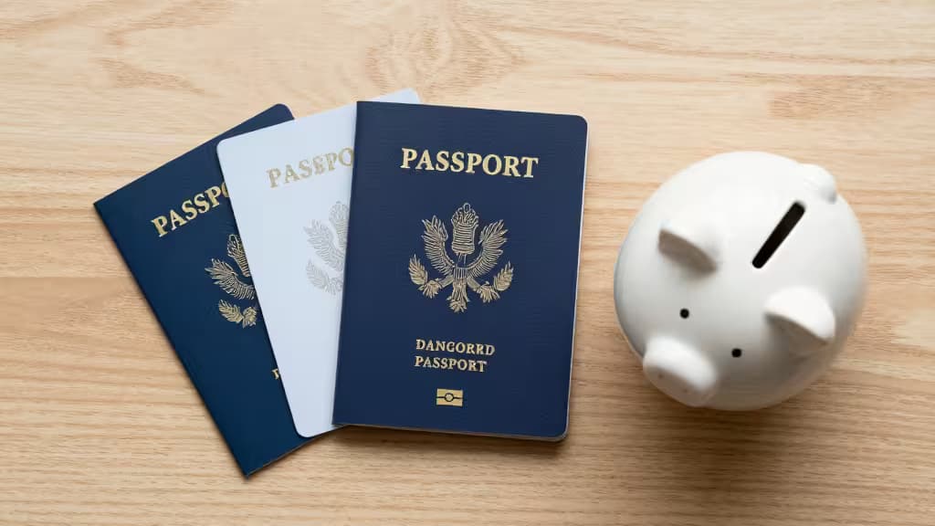 Three passports and a piggy bank on wood, symbolizing new Americans' financial journey without SSN.