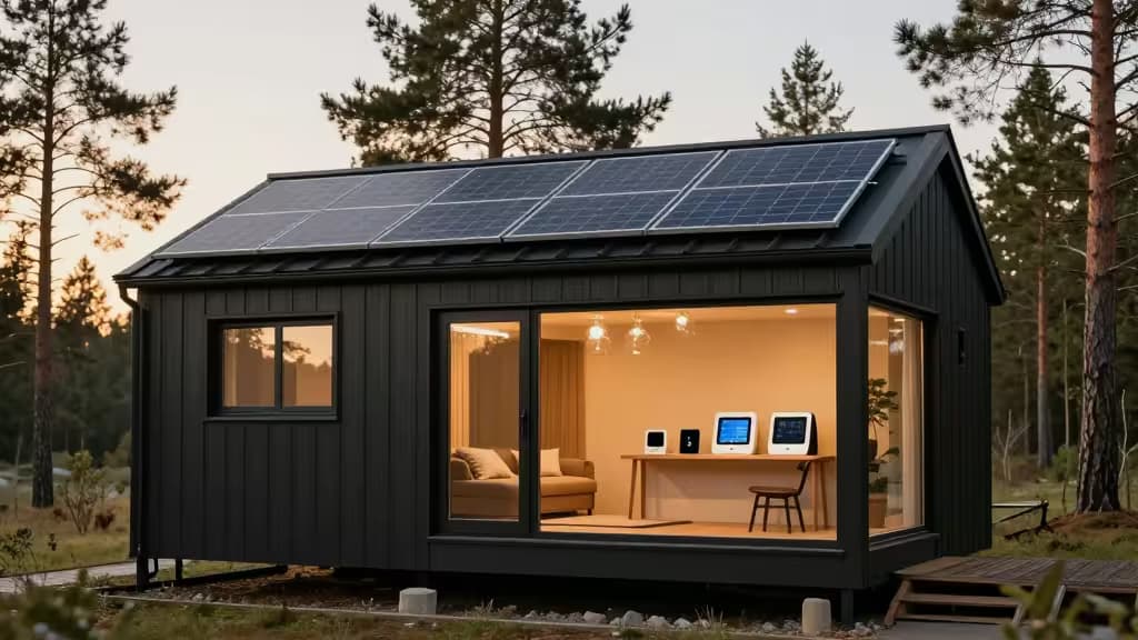 Black modular cabin with solar panels and smart devices, nestled in pine forest.