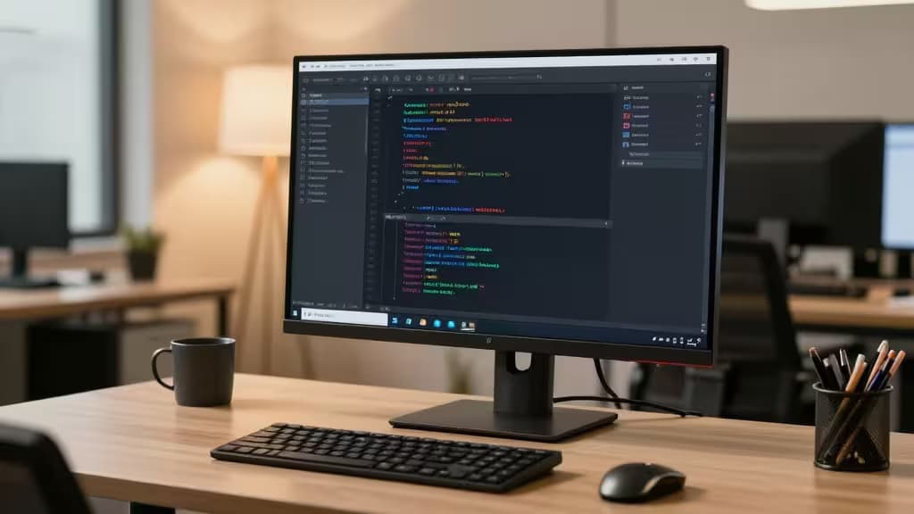 Ein moderner Schreibtisch mit Monitor, der KI-assistierten Code zeigt, Tastatur, Maus und Kaffeetasse.