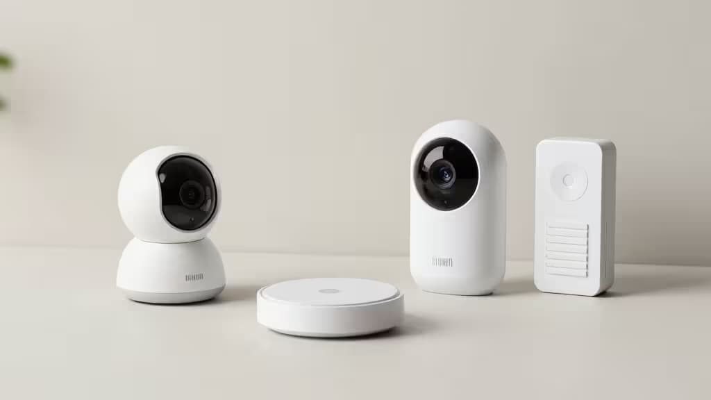 Flat-lay of budget smart home security devices for renters: a white indoor camera, a compact video doorbell, a round smart hub, and a door/window sensor arranged on a light surface.
