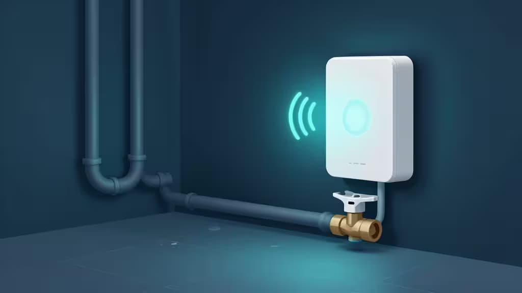 Ilustración abstracta de un sistema inteligente de prevención de inundaciones para el hogar, con un sensor inalámbrico que muestra señal Wi-Fi y una válvula de cierre automático en tonos azules y turquesa.