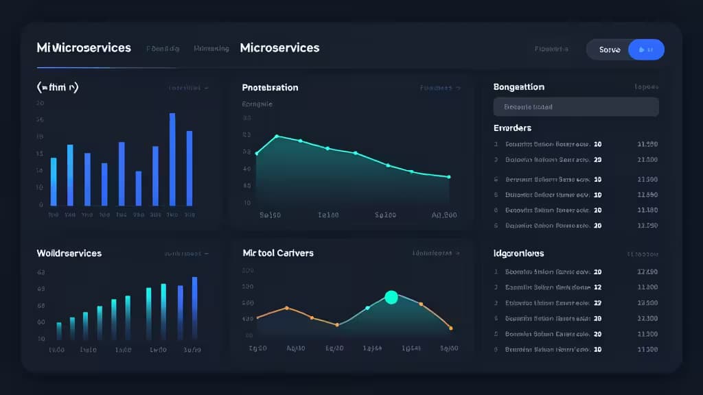 Dark dashboard displays microservice logs with bar charts, line graphs, and error tables.