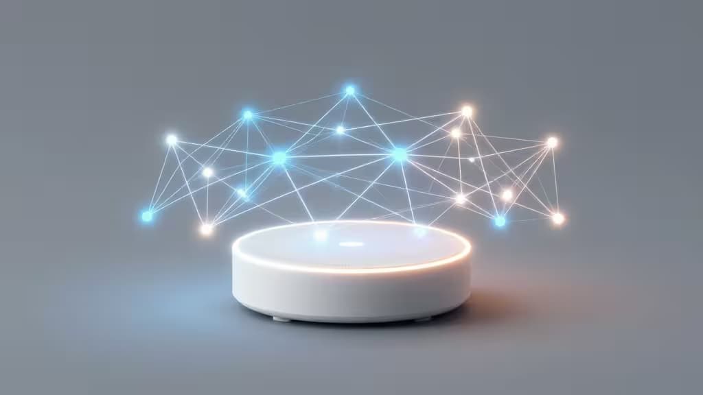 A sleek white Thread border router anchors a glowing mesh network of interconnected nodes above it.