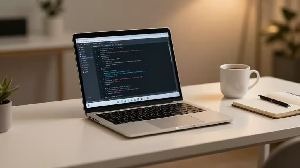 Un laptop con código en pantalla sobre un escritorio blanco junto a una taza de café y un cuaderno, con iluminación cálida y fondo desenfocado.