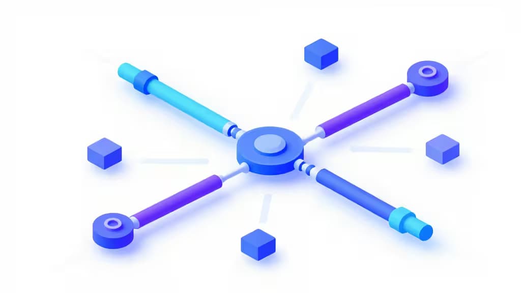 Glowing blue and purple AI nodes connect via test automation pipelines on a clean dashboard interface.