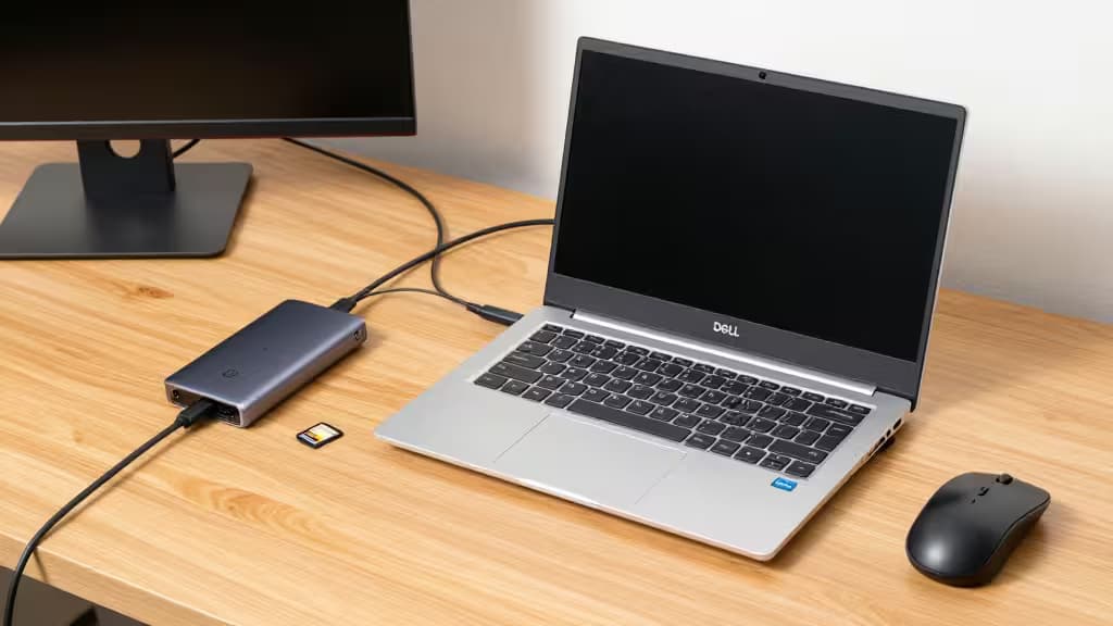 Silver Dell XPS laptop connects to compact USB-C hub on light wood desk.