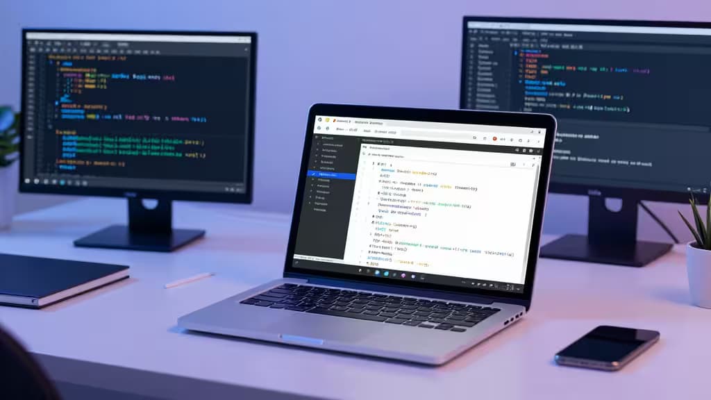 Ноутбук с кодом Python и диаграммами баз данных, окружённый мониторами и инструментами разработчика