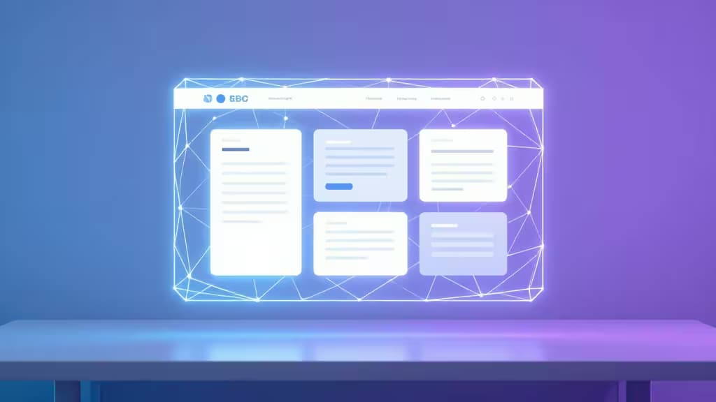 A glowing wireframe website layout floats above a desk, its edges connected by luminous neural network lines against a blue-purple gradient background.