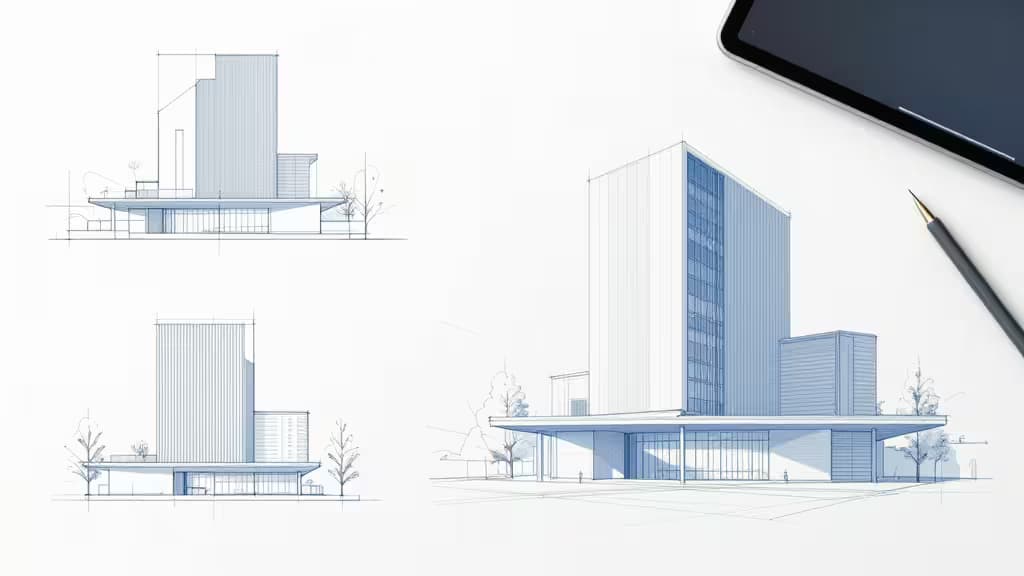 Blauwe architectuurschetsen van een modern gebouw, met een tablet en potlood, illustrerend AI-ondersteunde ontwerptools voor architecten.