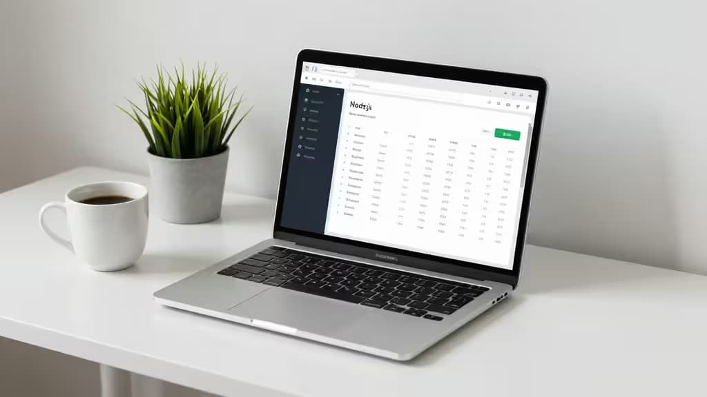 A sleek laptop displays Node.js monitoring data, flanked by a coffee cup and potted plant on a minimalist desk.