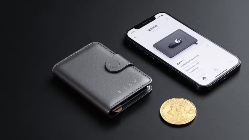 A sleek black leather wallet, smartphone displaying a crypto app, and a gold Bitcoin coin rest on a dark surface.