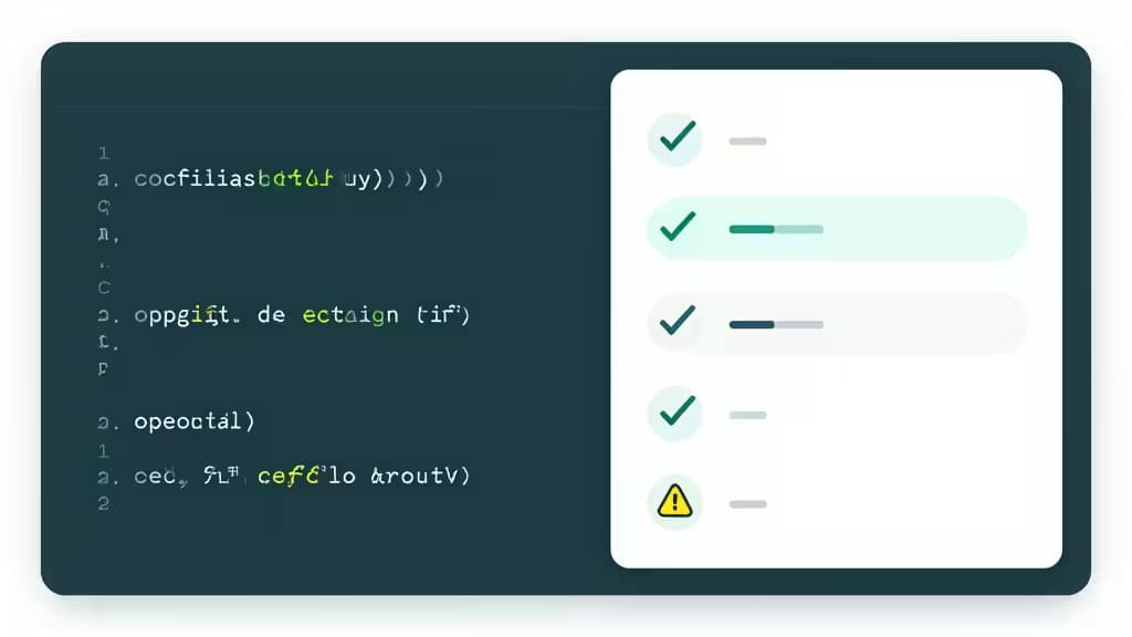 Dark code editor displays syntax errors beside a white panel showing green checkmarks and a yellow warning icon.
