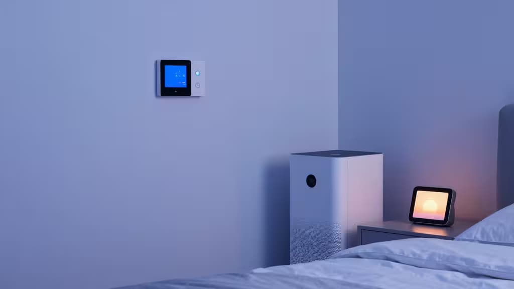 A serene minimalist bedroom at dawn with smart home devices — a glowing thermostat on the wall, a compact air purifier, and a smart display on the nightstand.