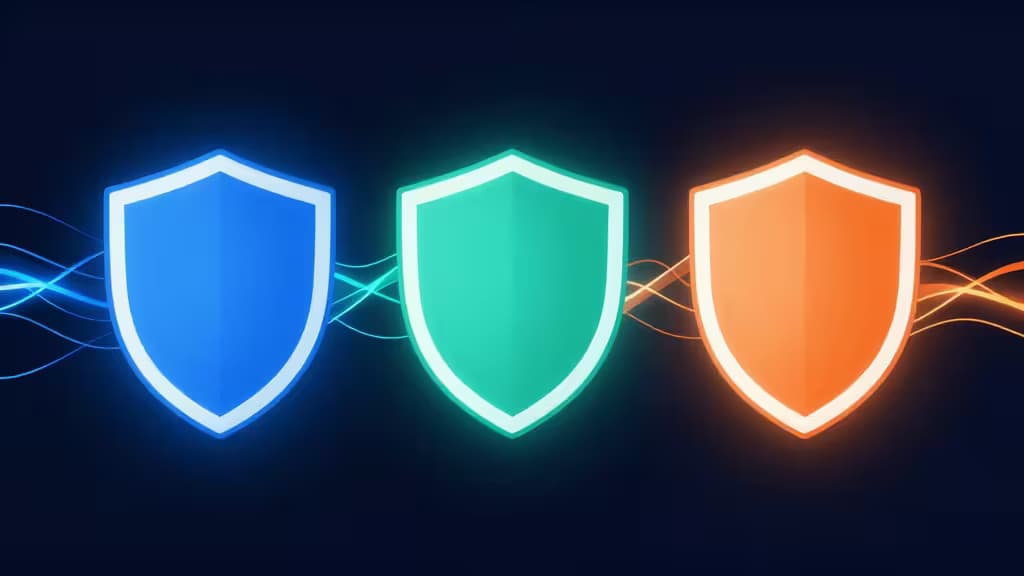 Three glowing shield icons in blue, teal, and orange connected by flowing data streams on a dark background, representing VPN security comparison