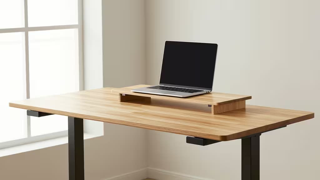 Conversor de mesa elevatória em madeira clara eleva um laptop prateado sobre uma secretária minimalista de escritório com pernas em metal preto.