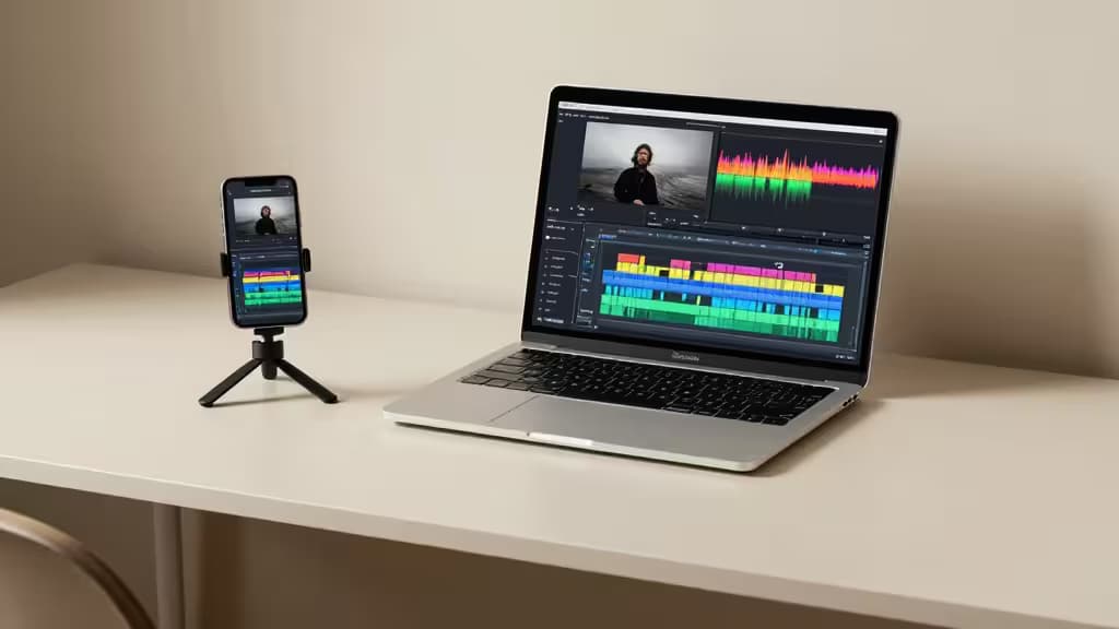 A laptop and smartphone display synchronized AI video editing interfaces on a minimalist desk.