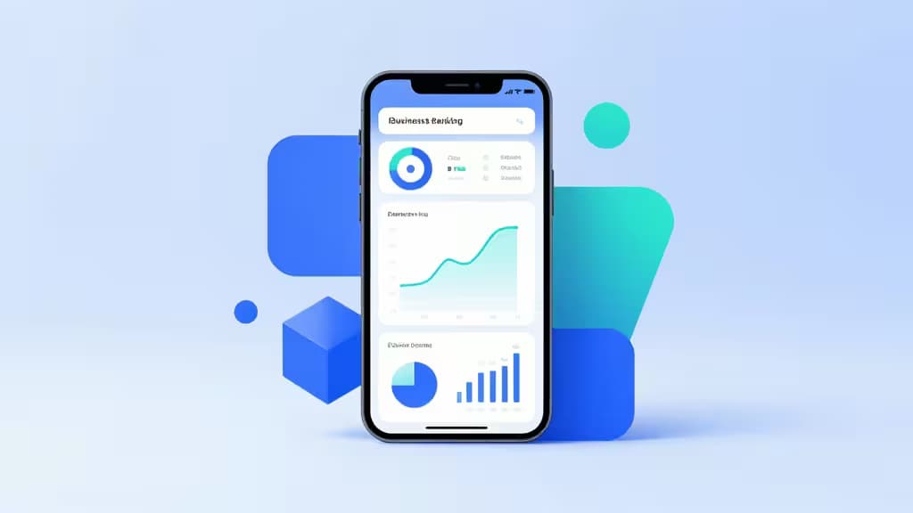 Composición abstracta que representa banca digital empresarial: un smartphone mostrando gráficos financieros rodeado de formas geométricas en tonos azules y turquesa sobre un fondo de gradiente suave.