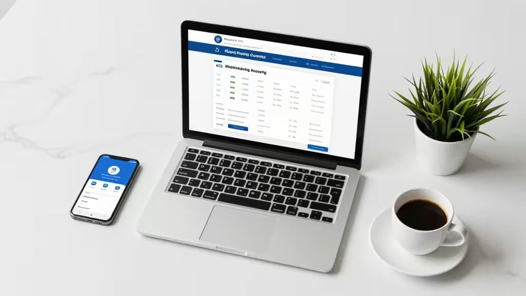 Laptop y smartphone muestran interfaces bancarias digitales sobre escritorio blanco con café y planta.