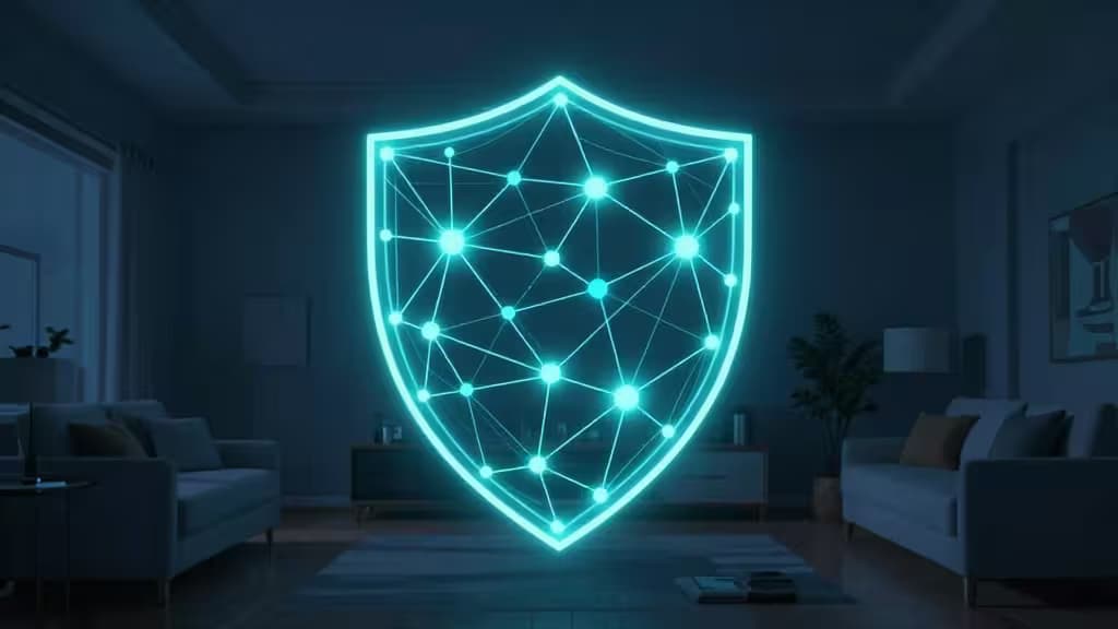 A glowing blue mesh network shield hovers in a dim living room, symbolizing secure home WiFi protection.