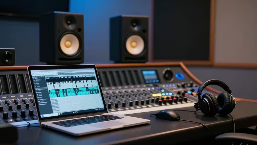 Modern music production studio with laptop displaying waveform analysis, studio monitors, and mixing console under warm amber lighting