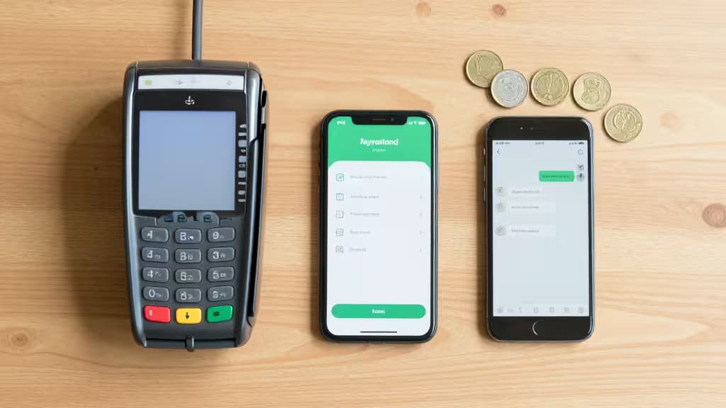 POS terminal, smartphones, and coins on wood surface illustrate payment gateway options.