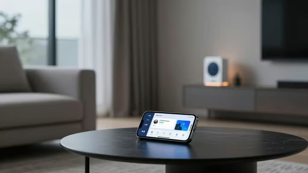 Smartphone sur une table en marbre affichant une application de domotique, avec une enceinte et une télévision dans le salon flou en arrière-plan.