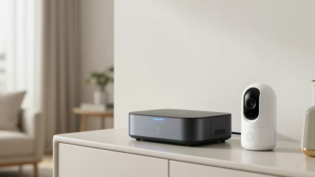 Moderne woonkamer met een slim beveiligingssysteem: hub, camera en deursensoren op een console tafel bij zacht natuurlijk licht