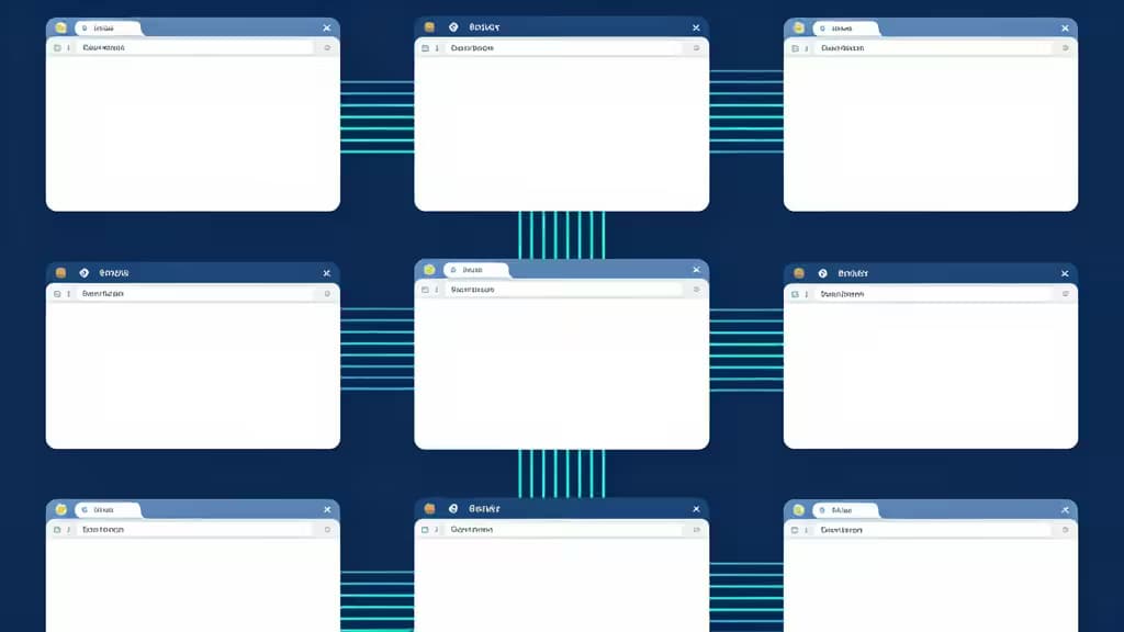 Negen witte browservensters gerangschikt in een 3x3-raster op donkerblauw, verbonden door gloeiende turquoisecode-lijnen.