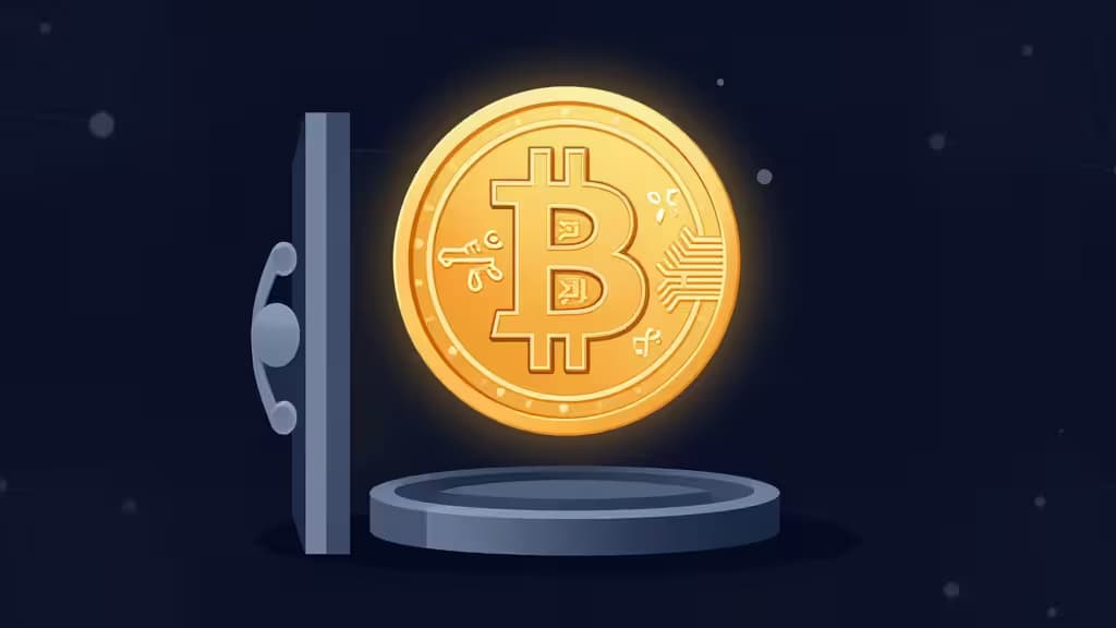 Glowende gouden Bitcoin-munt boven een digitale kluis met cryptografische sleutelpatronen, donkerblauwe achtergrond met blockchain-netwerkknooppunten