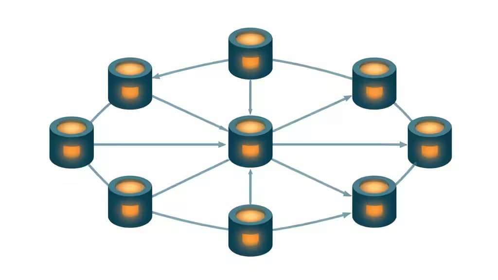 Illustration abstraite de microservices interconnectés orchestrés sur un cluster Kubernetes avec des pipelines de flux de données entre conteneurs.