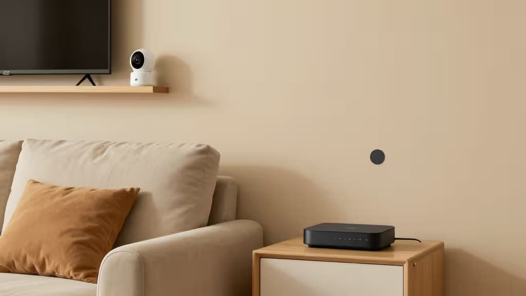 Uma câmera de segurança sem fio branca sobre uma prateleira flutuante ao lado de uma TV em um apartamento minimalista.