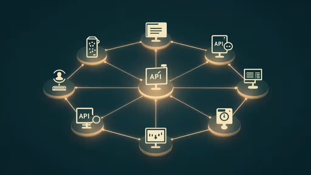 Abstract illustration of interconnected microservices nodes with glowing API endpoint connections in teal and amber tones