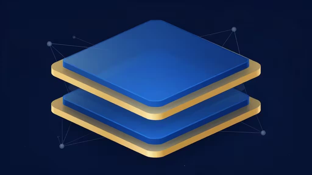 Stacked blue and gold layers with network nodes symbolize crypto restaking protocols like EigenLayer and EtherFi for 2025 yield.