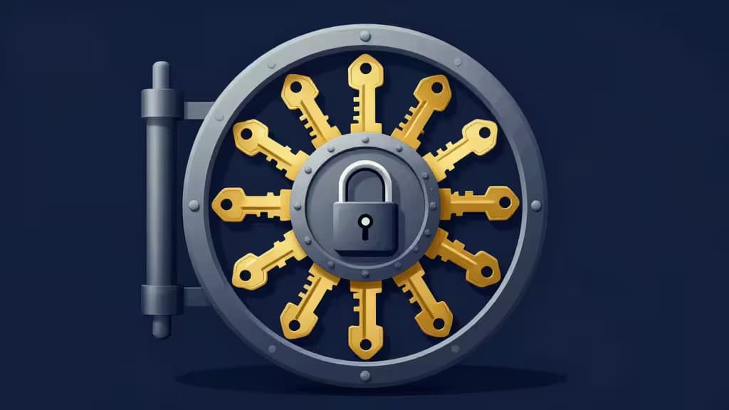 Illustration abstraite d'un coffre-fort numérique cryptographique avec multiples clés et mécanisme de verrouillage, tons bleu foncé et or