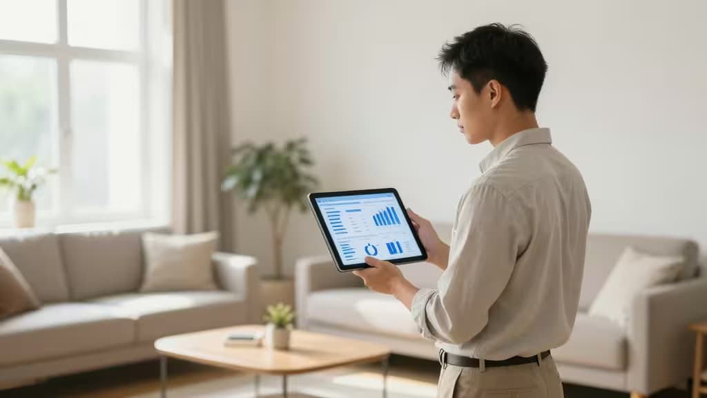 Junger Mann in beigem Hemd analysiert Immobiliendaten auf Tablet in hellem Wohnzimmer.