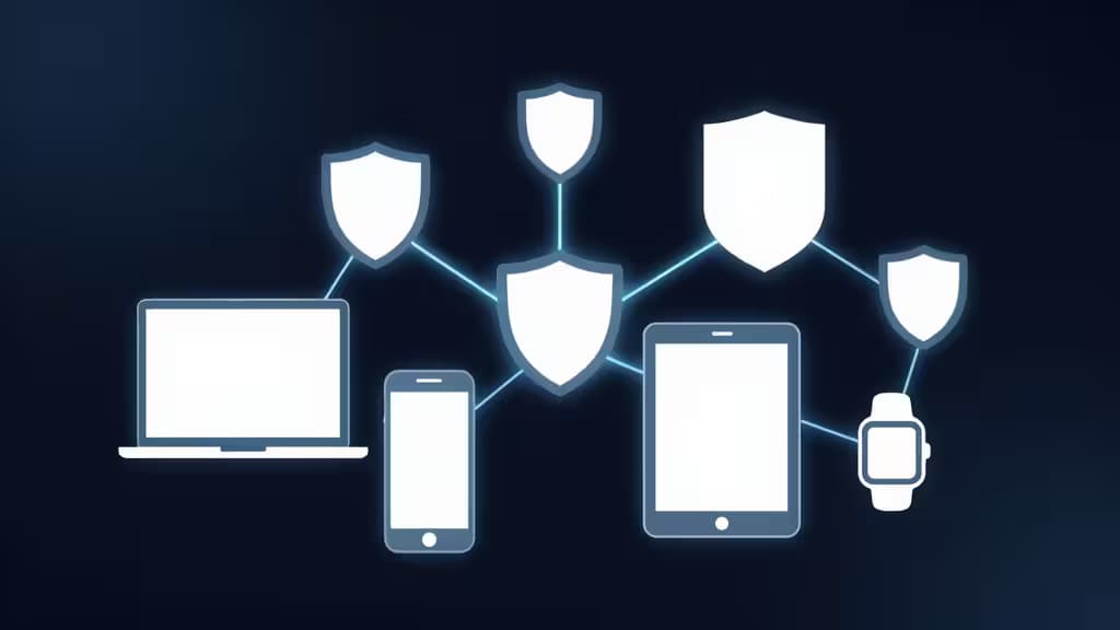 Glowing white devices connect via lines to floating security shields on a dark blue background.