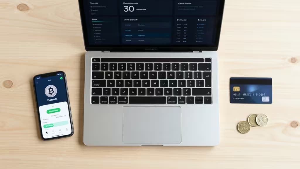 Laptop, smartphone, credit card, and coins on wooden desk symbolize crypto-friendly freelance banking.