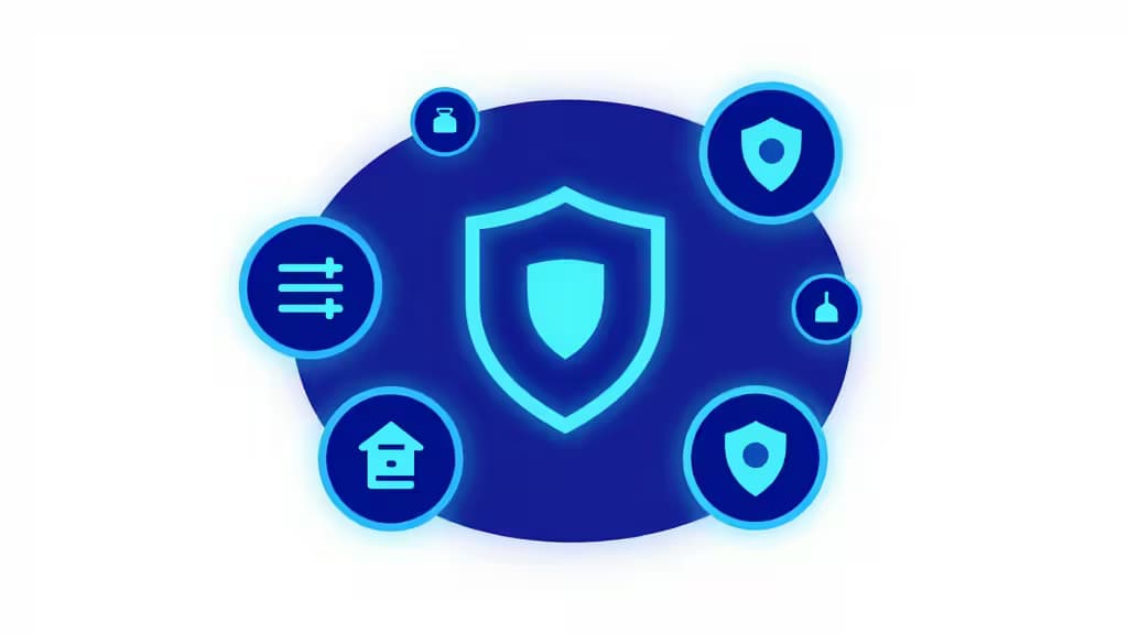 A glowing blue shield icon surrounded by six circular crypto wallet symbols on a dark background.