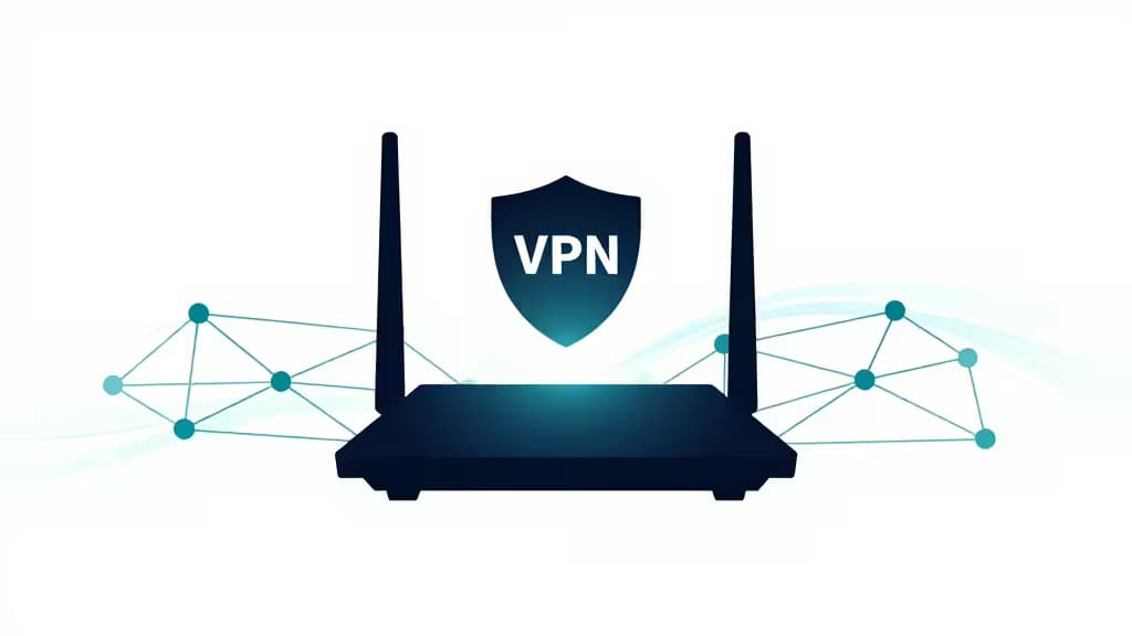 Ein dunkelblauer Router mit zwei Antennen zeigt ein VPN-Schild, flankiert von leuchtenden teal-farbenen Mesh-Netzwerken, die sicheren Datenfluss symbolisieren.