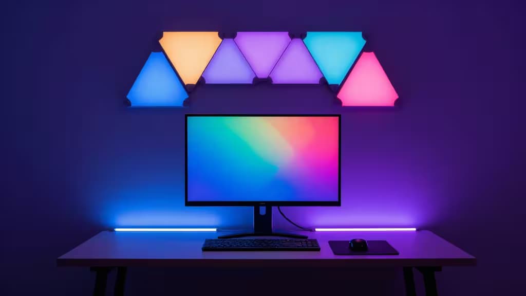 Abstract gaming desk setup with vibrant RGB smart lighting casting purple and blue ambient glow behind a monitor, with modular light panels on the wall, in a dark room.