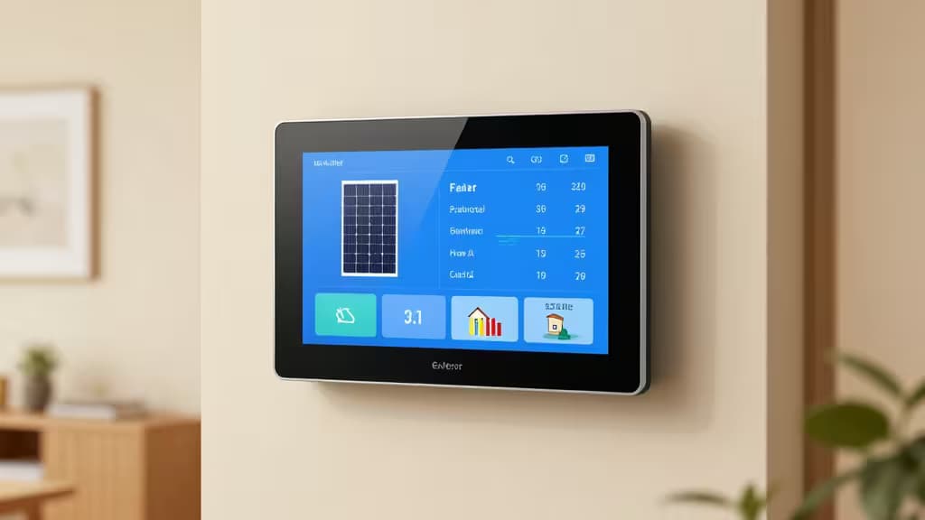 Slimme energiemonitor aan de muur met real-time zonnepanelen data en verbruiksgrafieken in een modern interieur