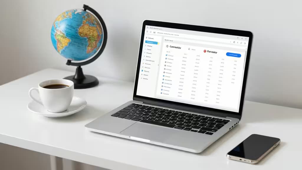Laptop displays multi-currency dashboard beside globe, coffee cup, and smartphone on white desk.